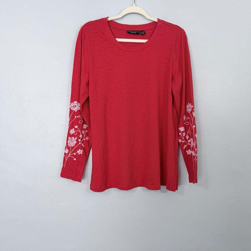 Susan Graver Weekend Long Sleeve Embroidered Top Size M Red